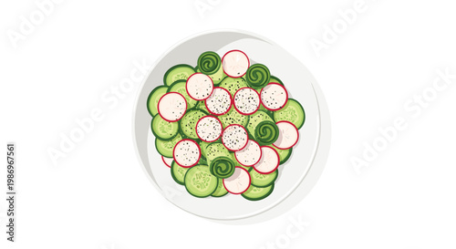 A vibrant and healthy salad featuring crisp green cucumber slices and bright red radish rounds is artfully arranged on a clean white ceramic dinner plate.