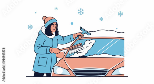 Person cleaning snow from car windshield with brush and scraper