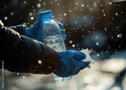 A symbolic gesture of kindness where a volunteer offers clean water and warmth. Concept of social responsibility, healthcare in camps, and selfless community service.