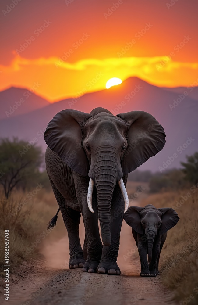 Fototapeta premium Mother elephant and baby elephant walk on dirt road at sunset. Majestic wild animals journey through savanna landscape with mountains in background. Warm orange sky hues illuminate dusk scene.