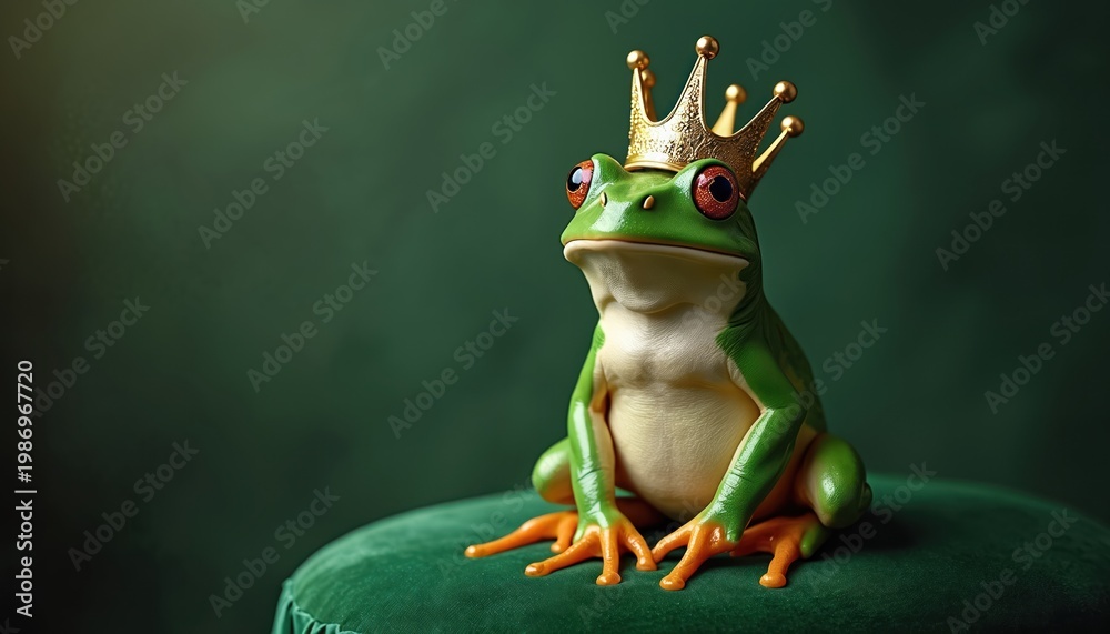 Naklejka premium Green frog wears golden crown on dark cushion. Animal sits like king on velvet. Whimsical fairytale character looks regal and charming. Nature fantasy scene.