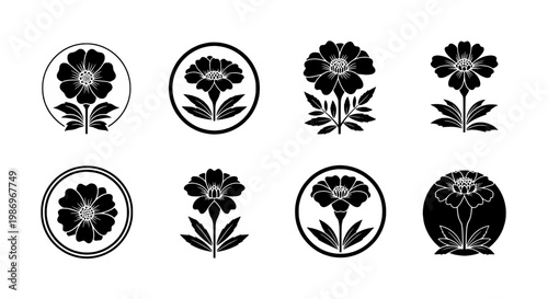 Flower badge icons set with black outlined petals, circular frames, and simple stems for decorative vintage design