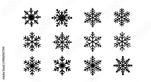 Snowflake icons set with black symmetrical star designs on transparent background for winter holiday decoration