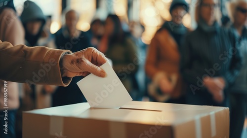 A poignant shot of a voter placing their ballot in a box at a busy polling place. Concept of electoral integrity, trust in the system, and the power of a single vote.