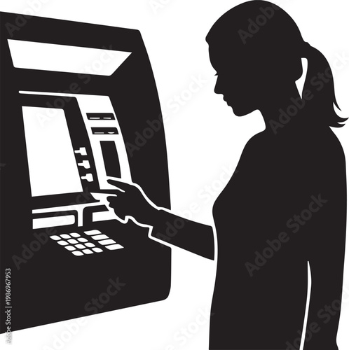 Woman Using ATM Machine Silhouette Vector Illustration