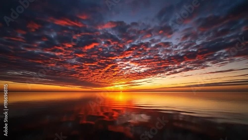 Dramatic Sunset Over Calm Ocean Reflecting Fiery Sky.