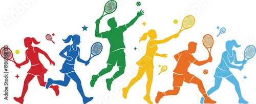 Colorful Badminton Players Silhouette Illustration – Dynamic Sports Action Vector Design