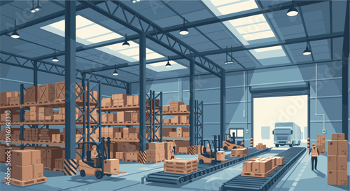 Pixel art warehouse interior with forklifts, conveyor belts, boxes, and truck