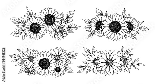 Sunflower wreath set with detailed black line art flowers and leaves arranged in four decorative bouquets