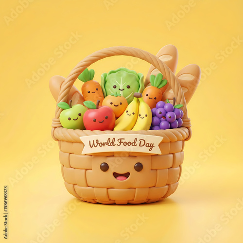 Food Day Basket with Happy Cartoon Fruits and Vegetables