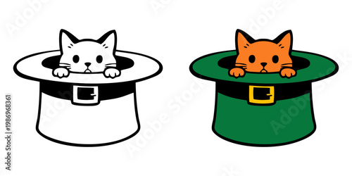 Logotipo con dibujo minimalista con líneas de un gato asomando de un sombrero de leprechaun para tarjetas y felicitaciones del Día de San Patricio