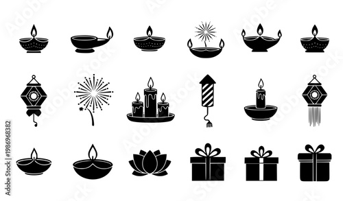 Diwali silhouette icon set black vector lamp lantern firework lotus candle gift symbols collection