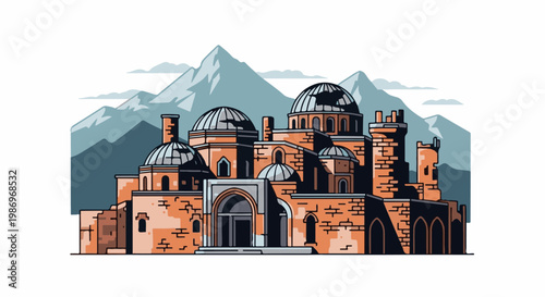 Pixelated ancient complex with domes and towers against mountains