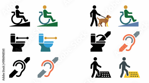 Collection of accessibility and disability icons including wheelchair users, accessible toilets, and hearing impairment symbols for universal design