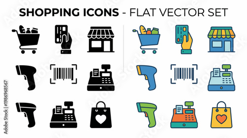 Flat vector icons set representing shopping and retail elements for e-commerce and marketing