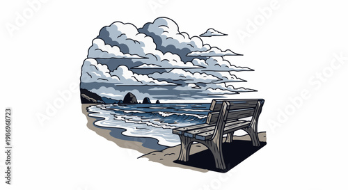 Pixel art of a lonely bench facing the ocean with dramatic cloudy skies