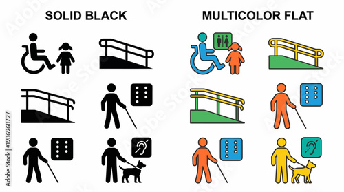 Collection of accessibility and disability icons in solid black and multicolor variations, representing ramps, wheelchairs, and visually impaired individuals with guide dogs and braille