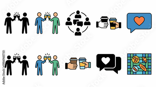 Social Connection Icons Illustrations depicting people toasting, group chats, coffee sharing, and expressing care. Ideal for modern lifestyle and communication designs