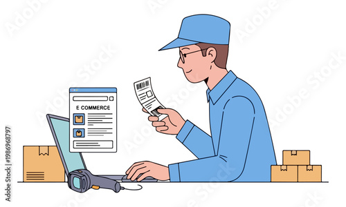 Dropshipper processing online orders with laptop and invoice