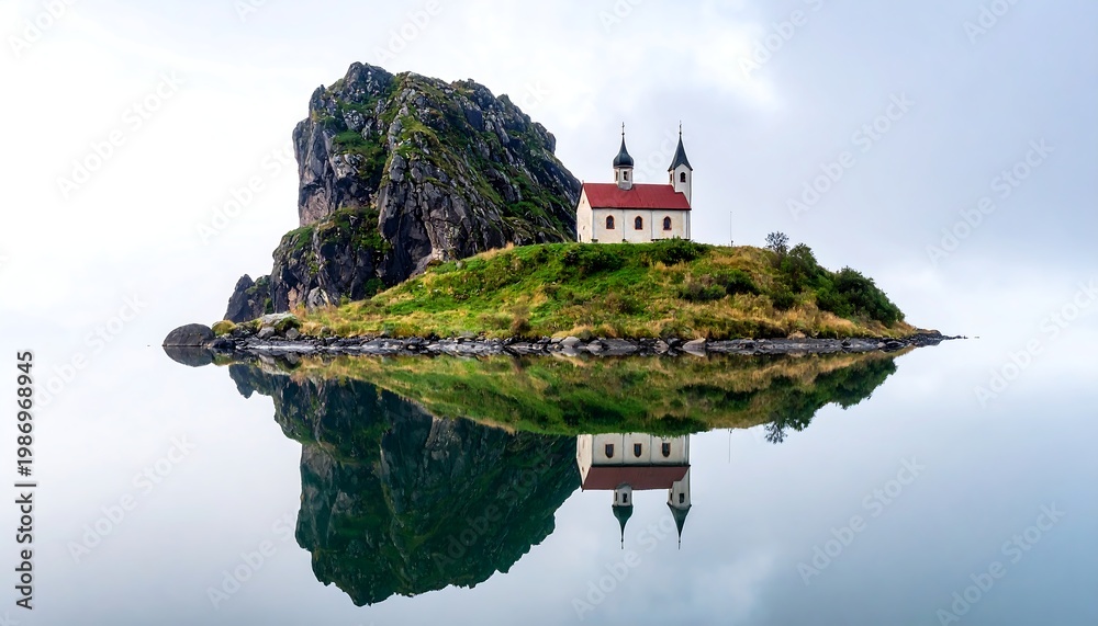 Naklejka premium A serene shot showcasing a small island church atop a rocky cliff, mirrored in still, reflective water under an overcast sky