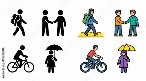 Illustrations depicting people engaged in outdoor activities like walking, cycling, and using umbrellas