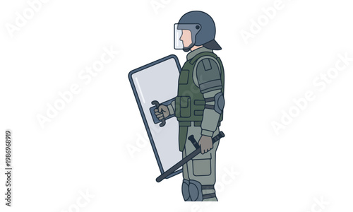 Riot Police Officer with Shield and Baton Vector Illustration