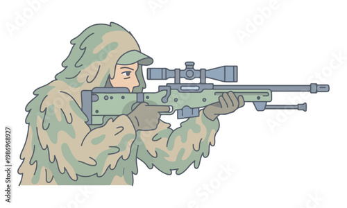 Sniper in ghillie suit aiming tactical rifle illustration
