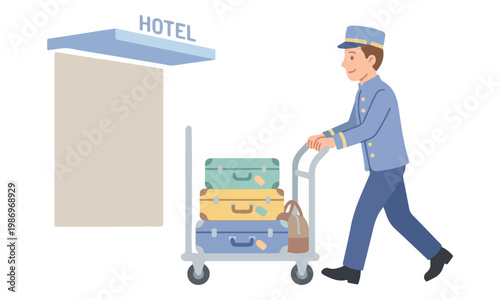 Hotel porter pushing luggage cart with suitcases at entrance