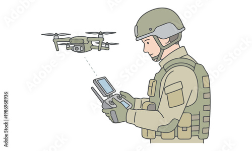 Soldier Operating Military Drone with Remote Controller