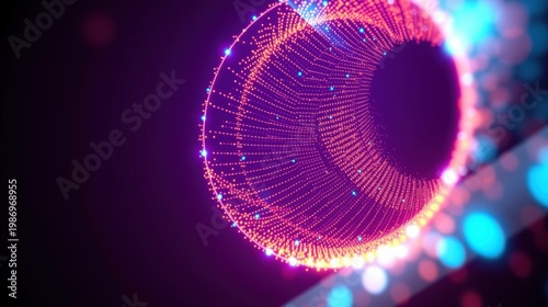 Abstract digital tunnel. Vibrant pink, purple, blue lights create futuristic effect. Dark background emphasizes glowing particles, depth.