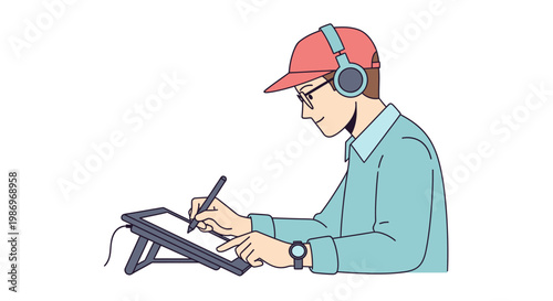 Male Artist Drawing on Graphics Tablet with Headphones Illustration