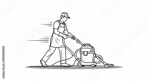 Person in apron and cap vacuuming with speedy motion lines