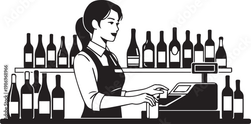 Female Cashier in Wine Shop Silhouette - Liquor Store Vector Icon