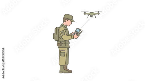 Soldier operating a military drone with remote control