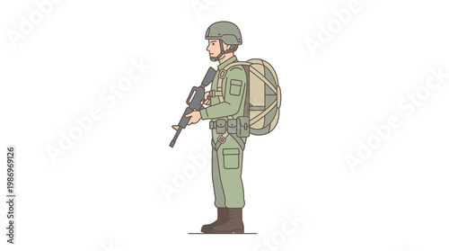 Soldier with rifle and parachute backpack standing illustration