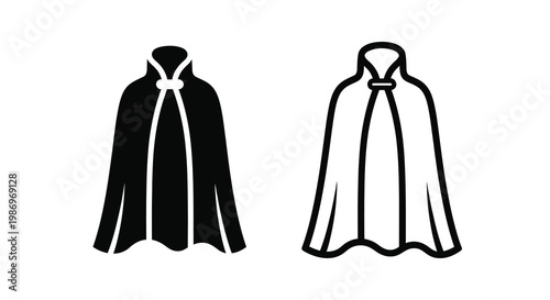 Two black silhouettes of capes with collars and ties displayed side by side