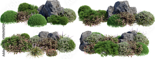 A small garden decorated with stones and various plants on a transparent background.