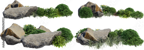 A small garden decorated with stones and various plants on a transparent background.
