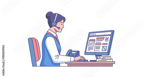 Customer Service Representative Working with Headset and Computer