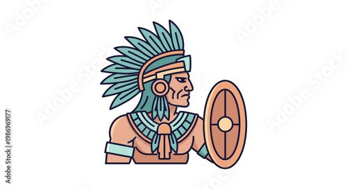 Aztec Warrior with Shield and Feathered Headdress Vector Illustration