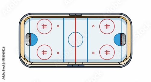 Overhead view of a stylized ice hockey rink with nets, circles, and hash marks
