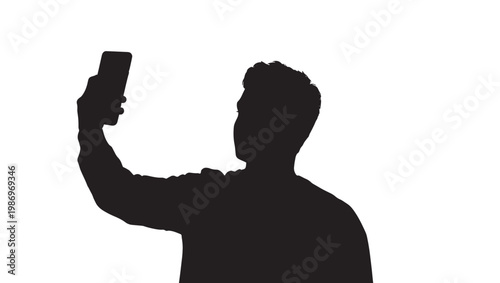 Silhouette of a young man taking a selfie or video call with a smartphone on a white background