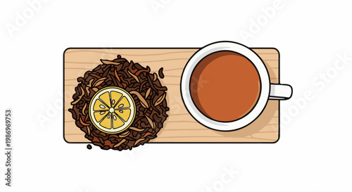 Overhead view of a wooden tray with loose tea leaves and a slice of lemon next to a cup of tea