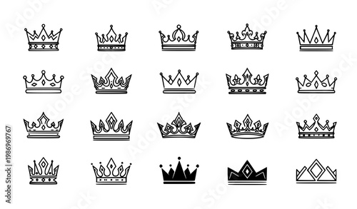 Black crown icon set with royal luxury and silhouette crown outline symbols for branding design vector