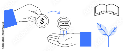 Cryptocurrency, digital finance, blockchain tech, economics, transaction systems, eco-friendly investments. A hand exchanging dollar coin for a token. Cryptocurrency and digital finance concept