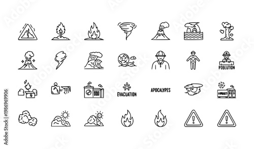 Thin stroke natural disaster icon set with earthquake flood wildfire and emergency outline symbols vector