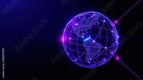 Glowing globe depicts interconnected network. Digital world, data streams, futuristic concept. Purple hues dominate dark background.