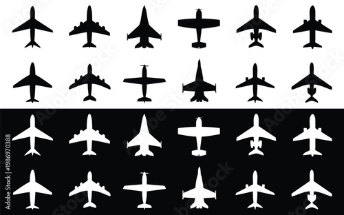 Airplane and Helicopter Silhouettes Set with Black and White Inverted Contrast Variations
