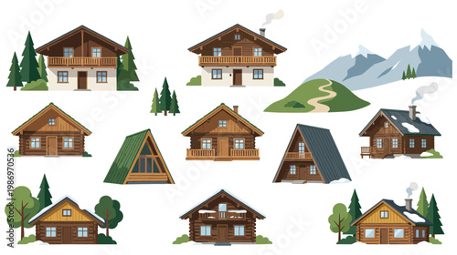 Collection of alpine wooden chalets and houses in winter.
