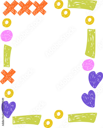 Crayon Scalloped Border Frame, chalk kid colored hand drawn. Rough edge geometric shape.